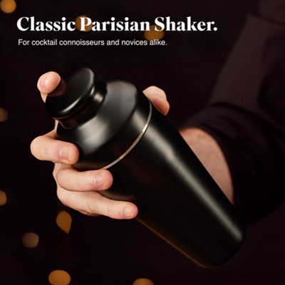 VonShef Cocktail Shaker Set Black, 550ml Parisian Shaker, 6pc Bartender Set for Home Bar - Strainer, Muddler, Jigger & Gift Box