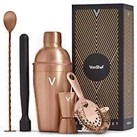 VonShef Cocktail Shaker Set Brushed Copper - 550ml Manhattan Shaker 5pc Home Bar Set with Strainer, Muddler, Jigger & Gift Box