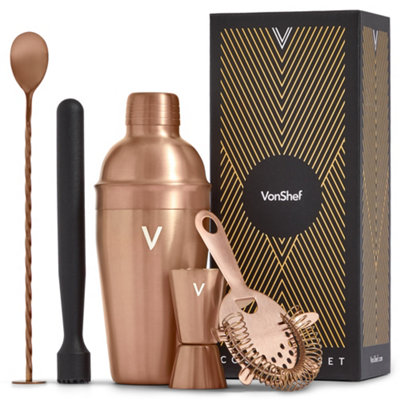 VonShef Cocktail Shaker Set Brushed Copper - 550ml Manhattan Shaker 5pc Home Bar Set with Strainer, Muddler, Jigger & Gift Box