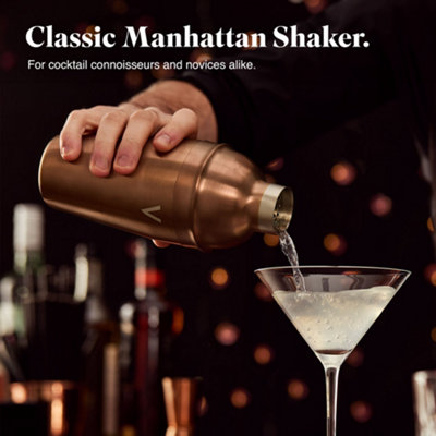 VonShef Cocktail Shaker Set Brushed Copper - 550ml Manhattan Shaker 5pc Home Bar Set with Strainer, Muddler, Jigger & Gift Box