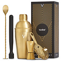VonShef Cocktail Shaker Set Brushed Gold - 550ml Manhattan Shaker 5pc Home Bar Set with Strainer, Muddler, Jigger & Gift Box