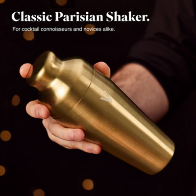 VonShef Cocktail Shaker Set Brushed Gold, 550ml Parisian Shaker, 6pc Home Bar/Bartender Set - Strainer, Muddler, Jigger & Gift Box