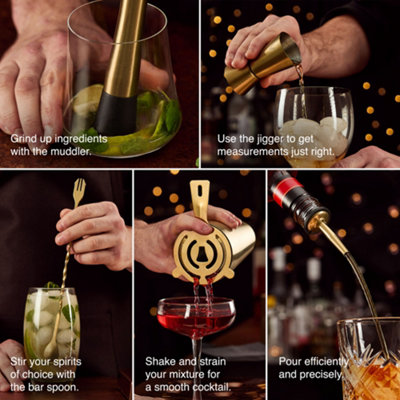 VonShef Cocktail Shaker Set Brushed Gold, 550ml Parisian Shaker, 6pc Home Bar/Bartender Set - Strainer, Muddler, Jigger & Gift Box