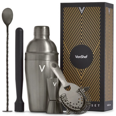 VonShef Cocktail Shaker Set Brushed Graphite - 550ml Manhattan Shaker 5pc Home Bar Set with Strainer, Muddler, Jigger & Gift Box