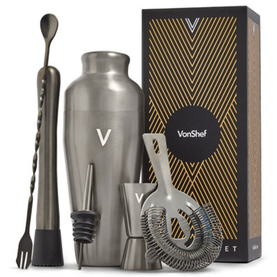 VonShef Cocktail Shaker Set Brushed Graphite - 550ml Parisian Shaker 6pc Home Bar Set with Strainer, Muddler, Jigger & Gift Box