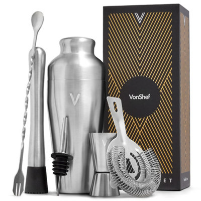 VonShef Cocktail Shaker Set Brushed Stainless Steel, 550ml Parisian Shaker 6pc Bartender Set, Strainer, Muddler, Jigger & Gift Box