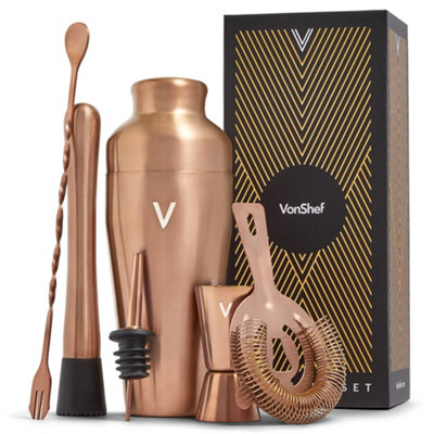 VonShef Cocktail Shaker Set Copper, 550ml Parisian Shaker, 6pc Bartender Set for Home Bar - Strainer, Muddler, Jigger & Gift Box