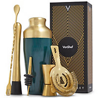 VonShef Cocktail Shaker Set Green/Gold, 550ml Parisian Shaker, 6pc Home Bar & Bartender Set - Strainer, Muddler, Jigger & Gift Box