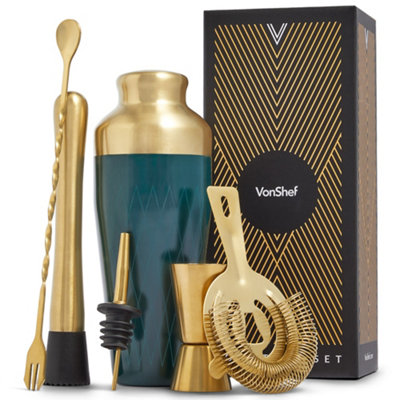 VonShef Cocktail Shaker Set Green/Gold, 550ml Parisian Shaker, 6pc Home Bar & Bartender Set - Strainer, Muddler, Jigger & Gift Box