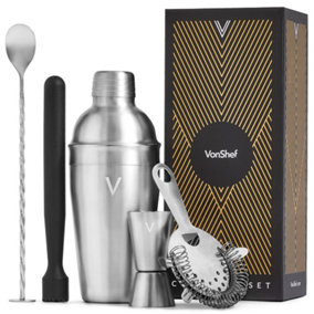 VonShef Cocktail Shaker Set Silver, 550ml Manhattan Shaker, 5pc Bartender Kit for Home Bar - Strainer, Muddler, Jigger & Gift Box