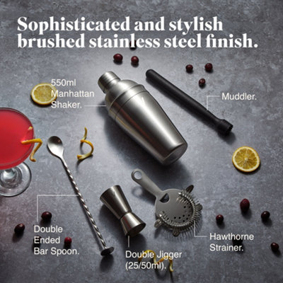 VonShef Cocktail Shaker Set Silver, 550ml Manhattan Shaker