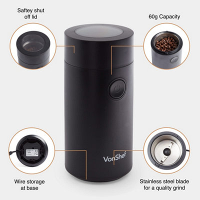 VonShef Coffee Grinder Electric 60g, Coffee Bean Grinder 2500RPM for Coffee, Nuts and Spices, 150W, Black