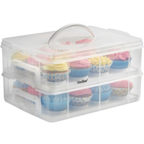 VonShef Cupcake Carrier with Handle, 24 Muffin Stackable Cake Caddy, 2 Tier Bake Holder w/Snap & Stack Design, Plastic Carry Box