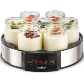VonShef Digital Yoghurt Maker with 7 Jars, Electric, Compact, Stainless Steel Machine with LED Display & Timer, 180ml Glass Pots
