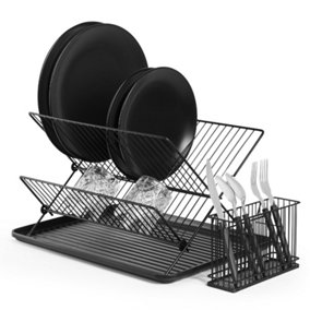 VonShef Dish Drainer Rack - Foldable Space Saving Kitchen Dish Drying Rack w/ Drip Tray and Cutlery Holder - Matt Black Dish Rack