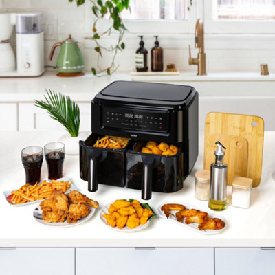 VonShef Dual Air Fryer 9L - Double Large Family Size, XL Capacity, 2 Drawers, 12-In-1 Presets, LED Display, 2400w - Black