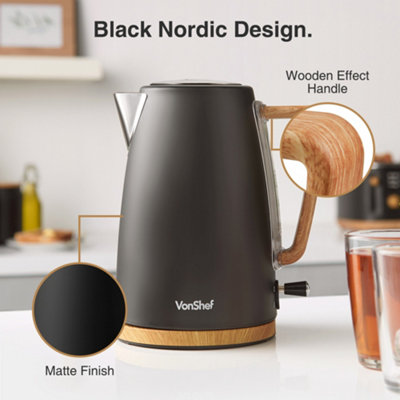 VonShef Electric Kettle - 1.7L Rapid Boil, Black Nordic Design, Boil ...