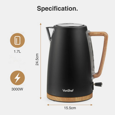 VonShef Electric Kettle - 1.7L Rapid Boil, Black Nordic Design, Boil ...