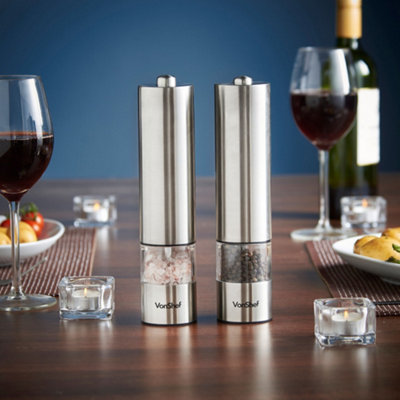 VonShef Electric Salt & Pepper Mill Set, Electronic Push Button Operation, Easy Refill & Adjustable Coarseness