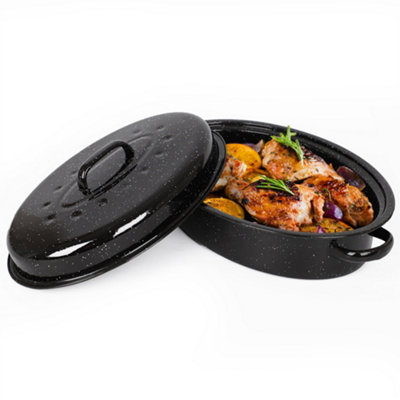 VonShef Enamel Roaster With Lid Self Basting Deep Oval Non Stick Black Steel Oven Roasting Tin up to 230 C Dishwasher Safe