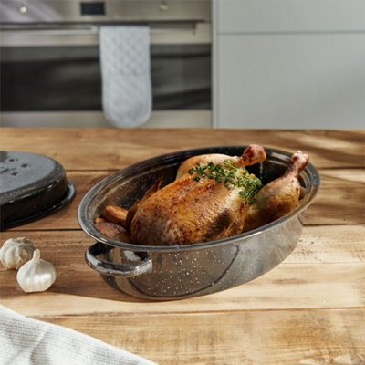 VonShef Enamel Roaster With Lid Self Basting Deep Oval Non Stick Black Steel Oven Roasting Tin