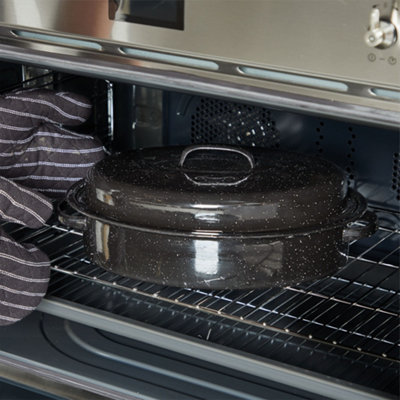 VonShef Enamel Roaster With Lid, Self-Basting, Deep Oval, Non-Stick Black Steel Oven Roasting Tin, up to 230 C, Dishwasher Safe
