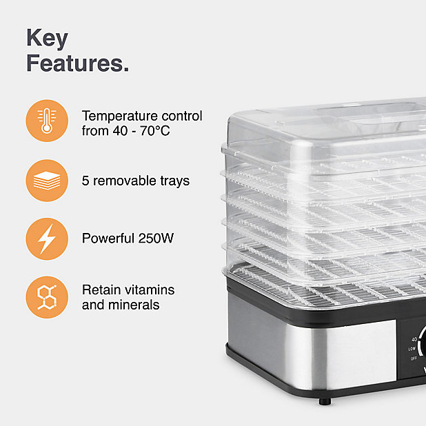 Næsten Spild Afdæk VonShef Food Dehydrator 5 Tier, Fruit Dryer 250W w/ Adjustable Temperature  from 40 - 70 Degrees, Removable Trays, Stainless Steel | DIY at B&Q