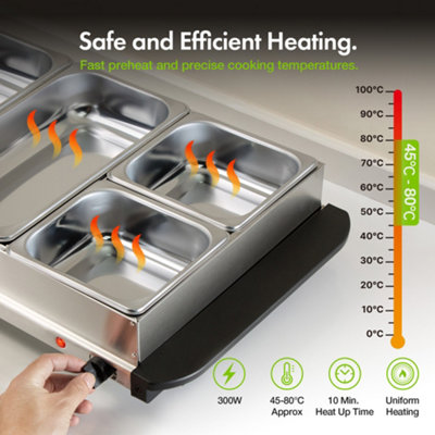 VonShef Food Warmer 4 Tray, 7.2L Table Top Buffet Server 300W w/ Lids ...
