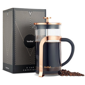 VonShef French Press Cafetiere Copper Stainless Steel Glass, 8 Cup/1 Litre Coffee Maker