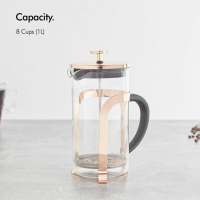VonShef French Press Cafetiere Copper Stainless Steel Glass, 8 Cup/1 Litre Coffee Maker