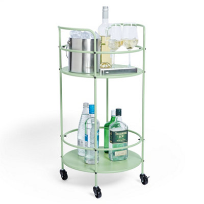 VonShef Green Drinks Trolley, 2 Tiered Indoor/Outdoor Serving Cart w/ Round Design & Handles, Matte Green Bar Trolley w/ 4 wheels