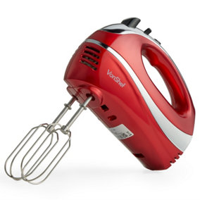 VonShef Hand Mixer Electric Whisk, 300W, 2 Stainless Steel Beaters, 2 Dough Hooks & Balloon Whisk, Red