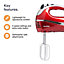 VonShef Hand Mixer Electric Whisk, 300W, 2 Stainless Steel Beaters, 2 Dough Hooks & Balloon Whisk, Red