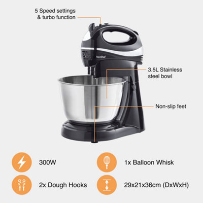 VonShef Hand Mixer Electric Whisk, 300W, 2 Stainless Steel Beaters, 2 Dough  Hooks & Balloon Whisk, Cream