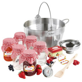 VonShef Jam Making Kit, Starter Set Bundle includes 9L Maslin Pan, 6x450ml Glass Jars, Lids, Thermometer, Preserving Spoon, Funnel