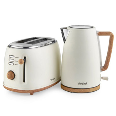 VonShef Kettle & Toaster Set, Scandi 1.7L Rapid Boil Kettle 3000W & 2 Slice Wide Slot Toaster 850W, Matching Set - Fika Range