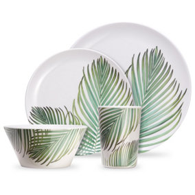 VonShef Melamine Dinnerware Set, 16Pc Leaf Dinner Set Inc. 4 Plates, 4 Side Plates, 4 Bowls & 4 Cups, Dishwasher Safe Tableware