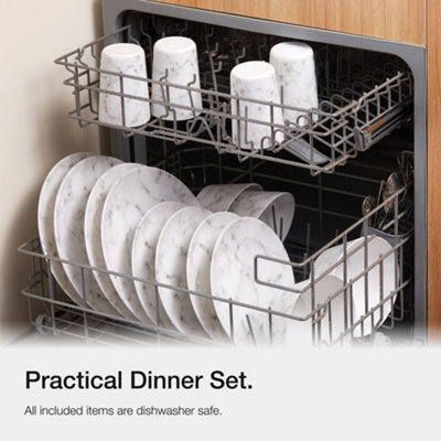 VonShef Melamine Dinnerware Set, 16Pc Marble Dinner Set Inc. 4 Plates, 4 Side Plates, 4 Bowls & 4 Cups, Dishwasher Safe Tableware