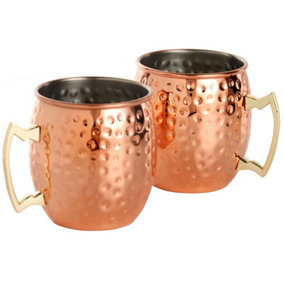 VonShef Moscow Mule Copper Mug Set of 2, 450ml/16oz Stainless Steel Barrel Style Drinking Cup w/ Hammered Effect in Gift Box