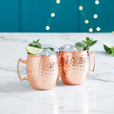 VonShef Moscow Mule Copper Mug Set of 2, 450ml/16oz Stainless Steel Barrel Style Drinking Cup w/ Hammered Effect in Gift Box