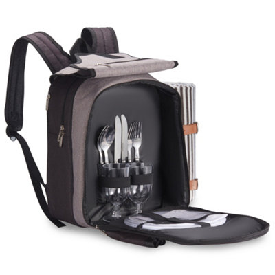 VonShef Picnic Backpack 2 Person Grey Picnic Bag with Full Dining Set Insulated Cooler Compartment
