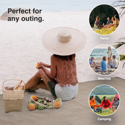 VonShef Picnic Blanket, Beige Herringbone Extra Large Outdoor Rug with Waterproof Backing, 10 Person Weatherproof Picnic Mat