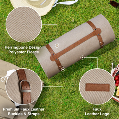 VonShef Picnic Blanket, Beige Herringbone Extra Large Outdoor Rug with Waterproof Backing, 10 Person Weatherproof Picnic Mat