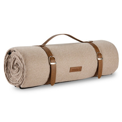 VonShef Picnic Blanket, Beige Herringbone Weatherproof Picnic Rug, w/Faux Leather Carry Handle, Blanket & Travel Mat, 200 x 220cm