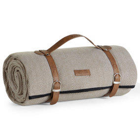 VonShef Picnic Blanket, Beige Herringbone Weatherproof Picnic Rug, w/Faux Leather Carry Handle, Blanket & Travel Mat, 200 x 220cm