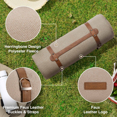 VonShef Picnic Blanket Beige Herringbone Weatherproof Picnic Rug w Faux Leather Carry Handle Blanket Travel Mat 200 x 220cm DIY at B Q