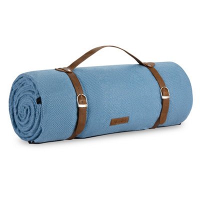 VonShef Picnic Blanket, Blue Herringbone Extra Large Outdoor Rug with Waterproof Backing, 10 Person Weatherproof Picnic Mat