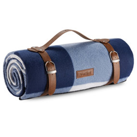 VonShef Picnic Blanket,  Blue & White Tartan Weatherproof Picnic Rug w/ Faux Leather Carry Handle, Blanket & Travel Mat, 147x180cm
