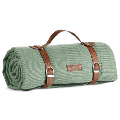 VonShef Picnic Blanket, Green Herringbone Weatherproof Picnic Rug, w/ Faux Leather Carry Handle, Blanket & Travel Mat, 180 x 147cm