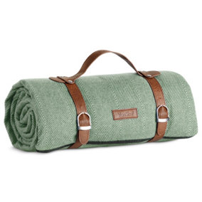 VonShef Picnic Blanket, Green Herringbone Weatherproof Picnic Rug, w/ Faux Leather Carry Handle, Blanket & Travel Mat, 200 x 220cm